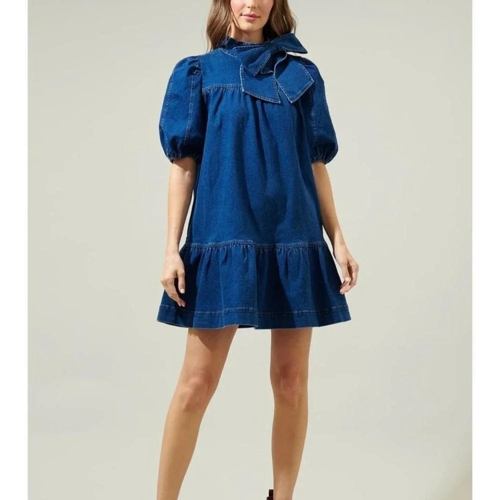 Sugar Lips Denim Bow Dress Aura Jacey Size Large Boho Preppy Western - Picture 1 of 8